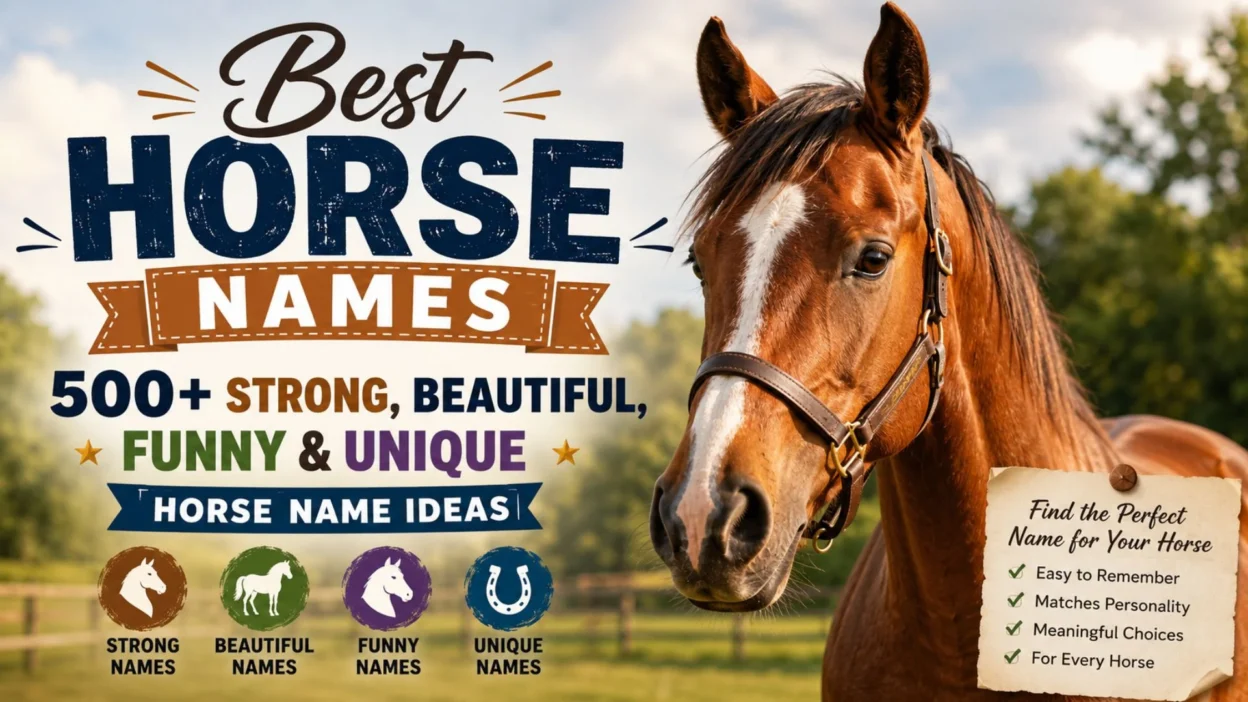 Beautiful brown horse beside text promoting the best horse names with 500+ strong, funny, unique, and beautiful horse name ideas.