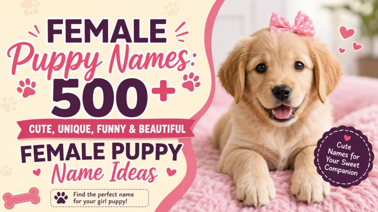 Cute golden female puppy with a pink bow promoting 500+ female puppy names including cute, unique, funny, and beautiful ideas