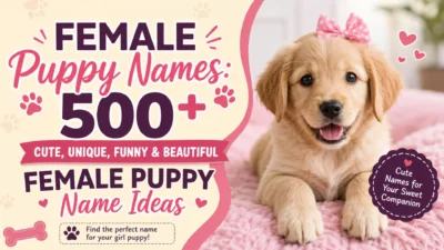 Cute golden female puppy with a pink bow promoting 500+ female puppy names including cute, unique, funny, and beautiful ideas