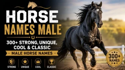 Powerful black stallion running across a field representing horse names male with strong, unique, cool, and classic naming ideas.