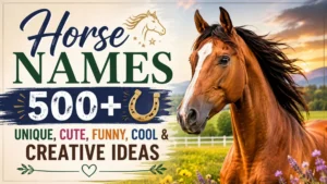 Beautiful brown horse in a sunny meadow with text showcasing 500+ unique, cute, funny, cool, and creative horse names