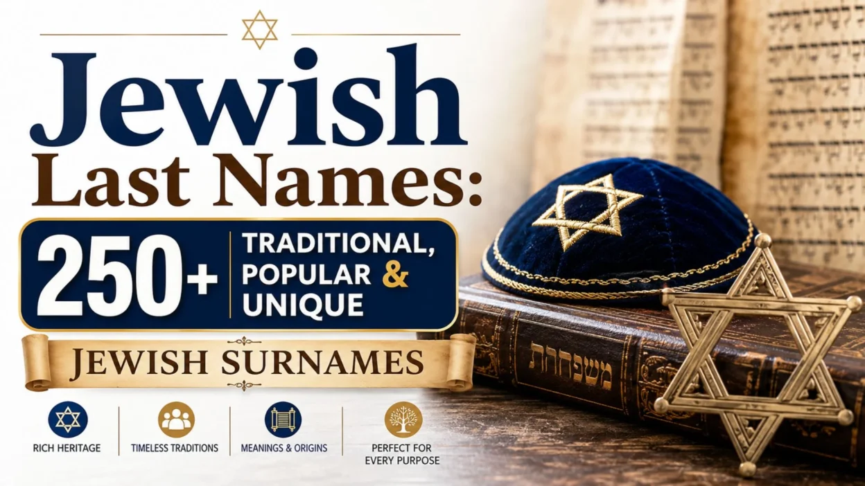 Jewish last names featured with traditional symbols, ancient Hebrew texts, and a curated collection of popular and unique surnames