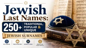 Jewish last names featured with traditional symbols, ancient Hebrew texts, and a curated collection of popular and unique surnames