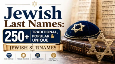 Jewish last names featured with traditional symbols, ancient Hebrew texts, and a curated collection of popular and unique surnames