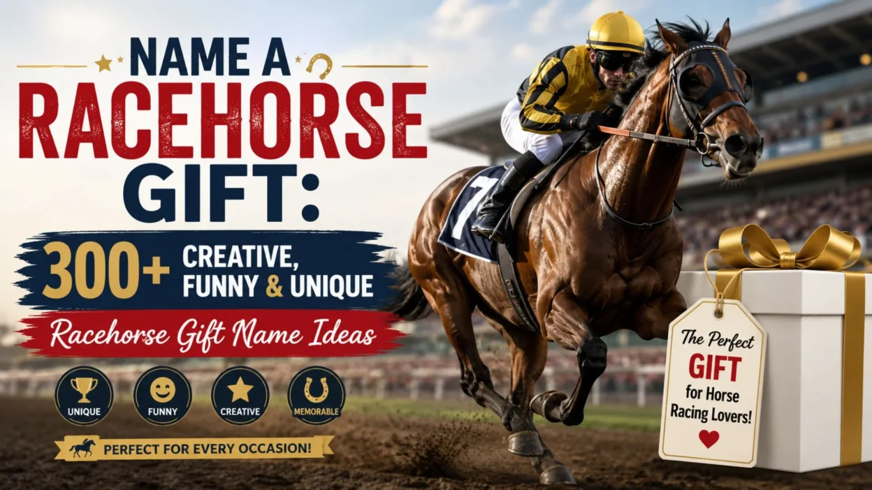 Name a racehorse gift concept with a racing horse, jockey, and gift box showcasing 300+ creative, funny, and unique racehorse name ideas