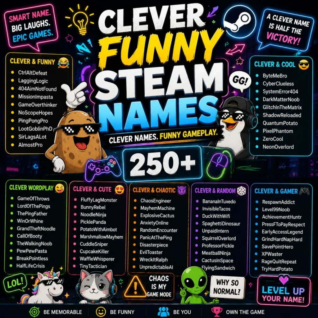 250+ clever funny Steam names featuring cool, cute, chaotic, random, and gamer username ideas