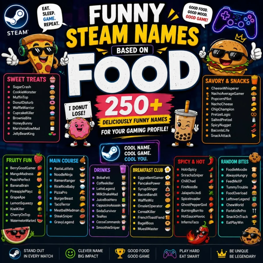 250+ funny Steam names based on food, including sweet, savory, fruity, spicy, and creative gaming ideas