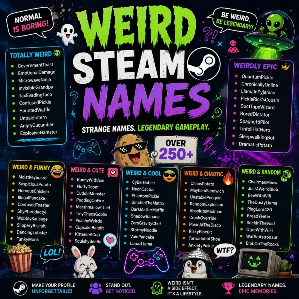 250+ weird Steam names featuring funny, cute, cool, chaotic, random, and unique gaming username ideas