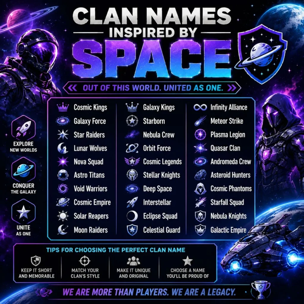 300+ space-inspired clan names featuring cosmic, galaxy, star, lunar, and futuristic gaming name ideas
