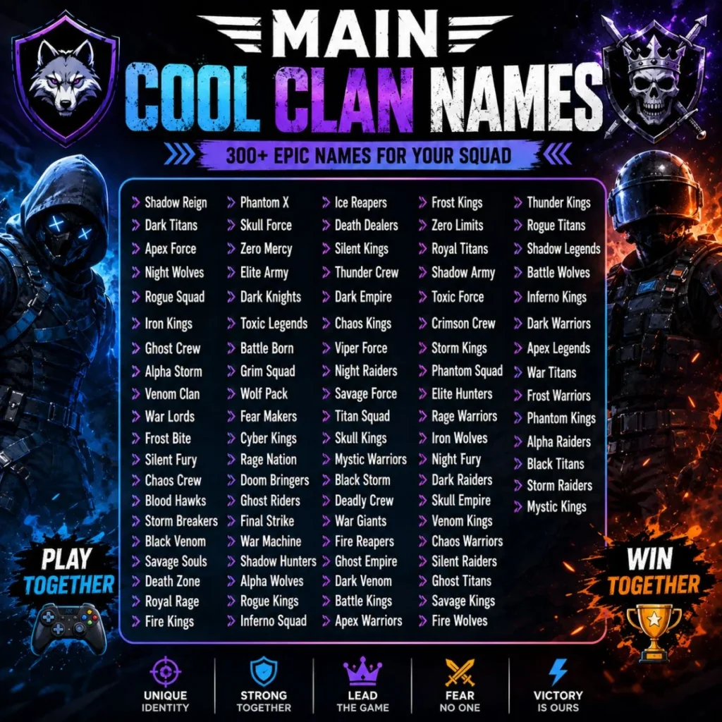 300+ cool clan names featuring powerful, unique, funny, stylish, and creative gaming name ideas
