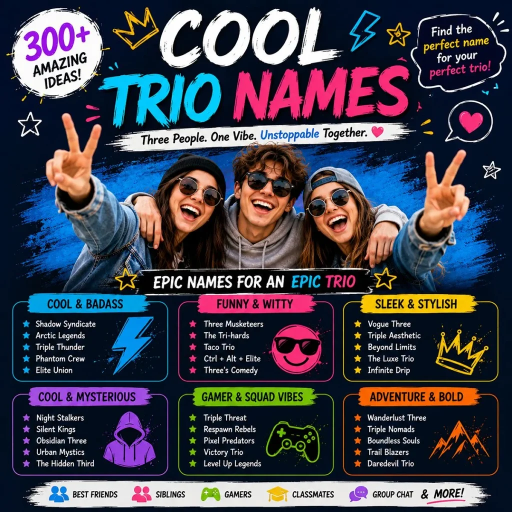 300+ cool trio names featuring badass, funny, stylish, mysterious, gamer, and adventurous ideas