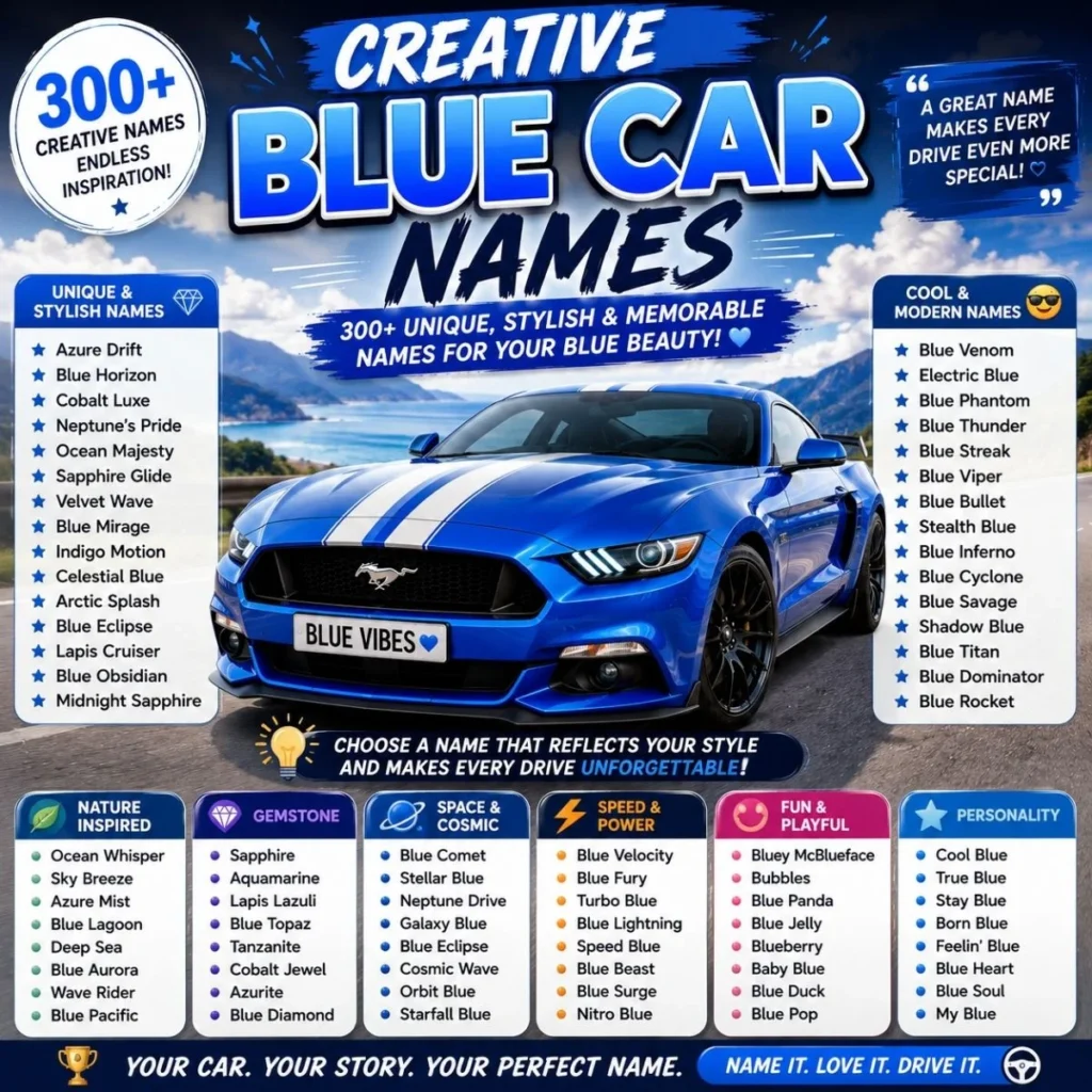 300+ creative blue car names featuring unique, stylish, cool, funny, and memorable name ideas