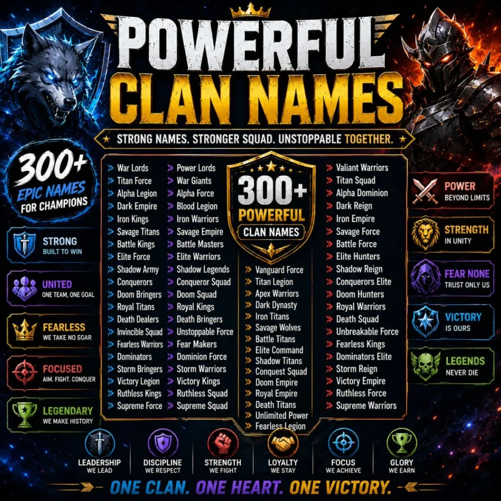 300+ powerful clan names featuring strong, fearless, legendary, and competitive gaming name ideas