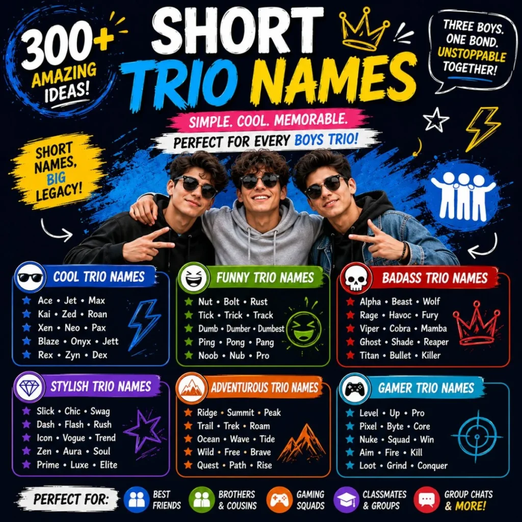 300+ short trio names featuring cool, funny, badass, stylish, adventurous, and gamer ideas