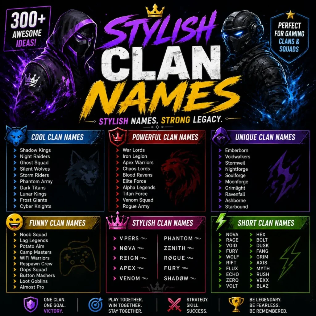 300+ stylish clan names featuring cool, powerful, unique, funny, and short gaming name ideas