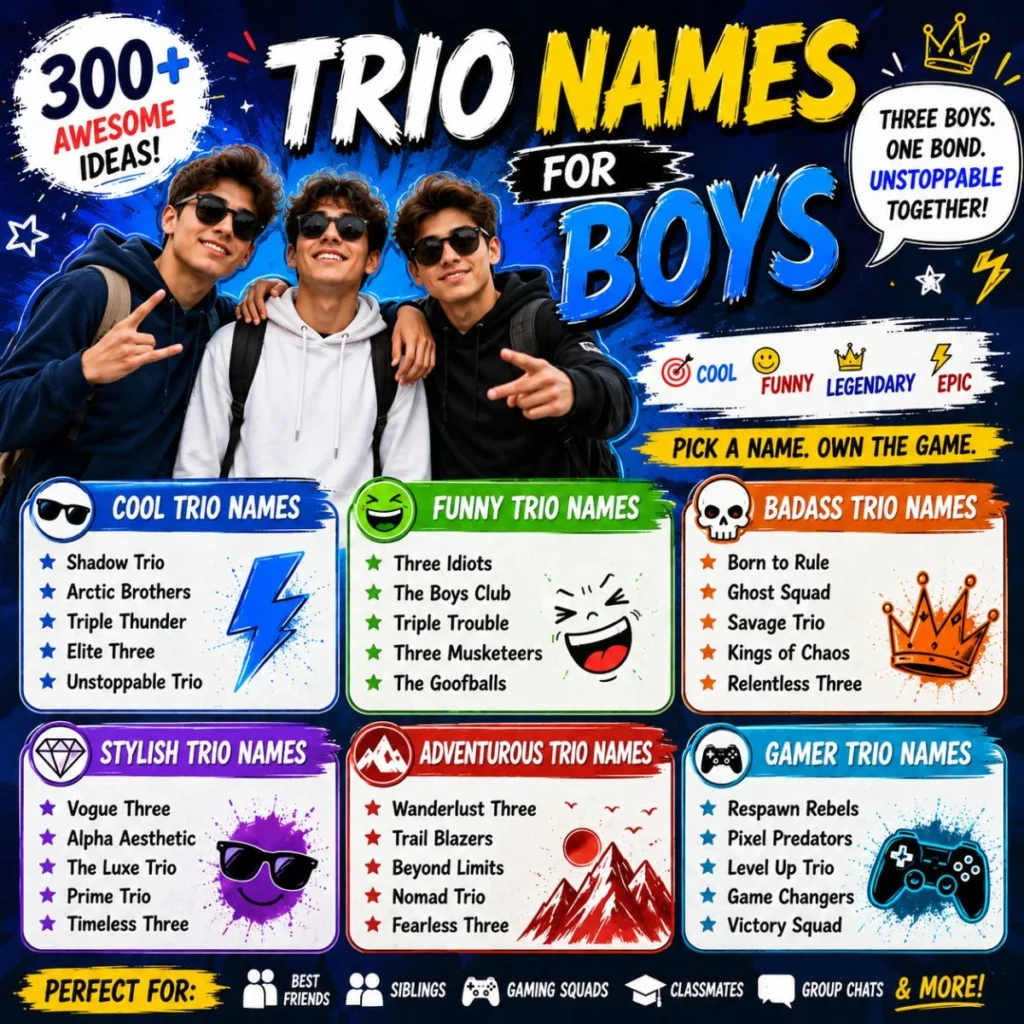 300+ trio names for boys featuring cool, funny, badass, stylish, adventurous, and gamer ideas