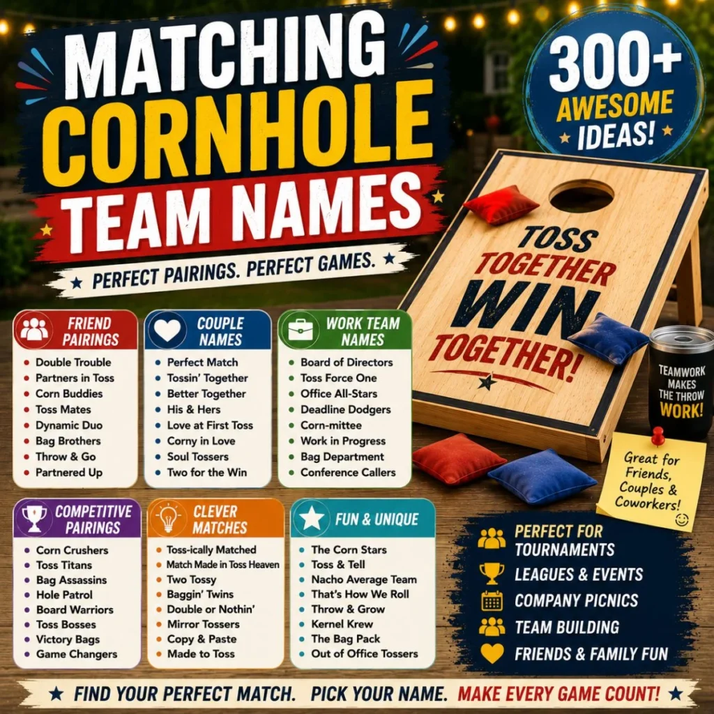 Matching cornhole team names featuring funny, couple, work, competitive, clever, and unique team ideas