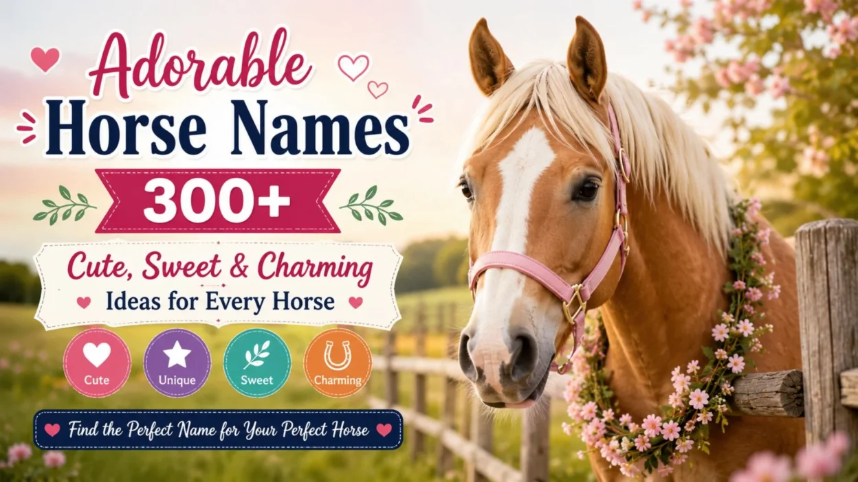 Adorable horse with a flower garland beside a fence, featuring 300+ cute, sweet, and charming horse name ideas.