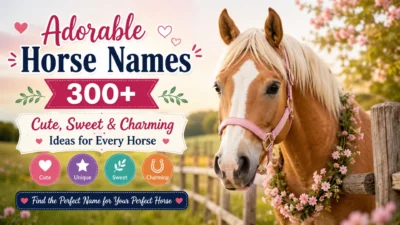 Adorable horse with a flower garland beside a fence, featuring 300+ cute, sweet, and charming horse name ideas.