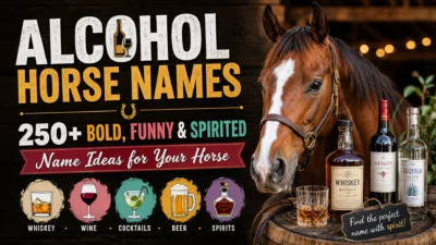 Brown horse beside whiskey, wine, tequila, and cocktail bottles with alcohol horse names banner and 250+ name ideas