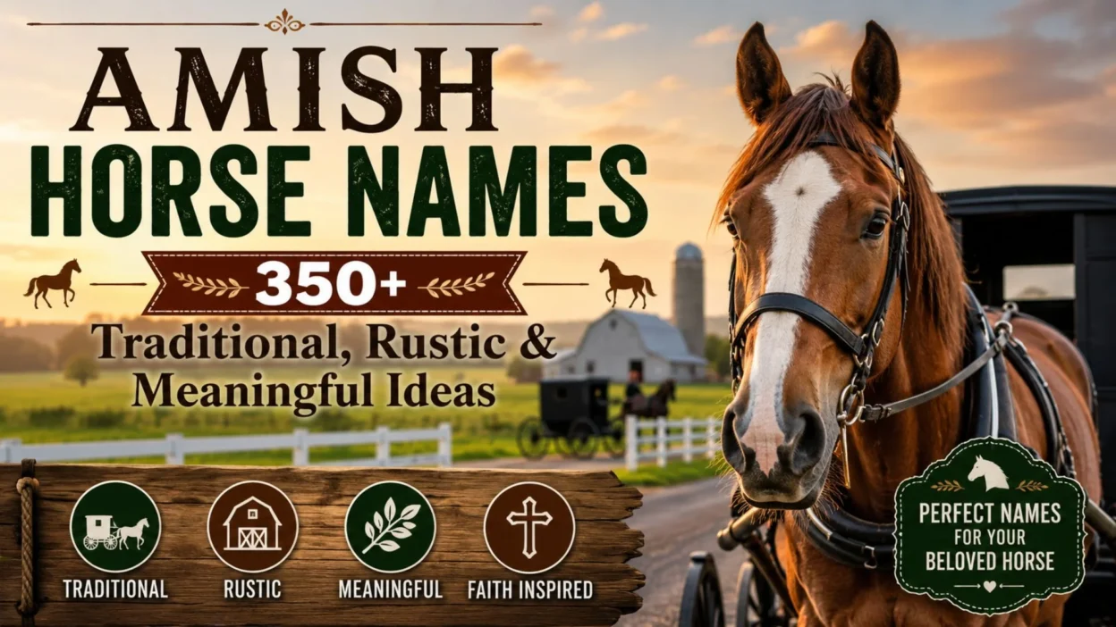 Amish horse names featured with a chestnut horse, Amish buggy, and rustic farm landscape at sunset
