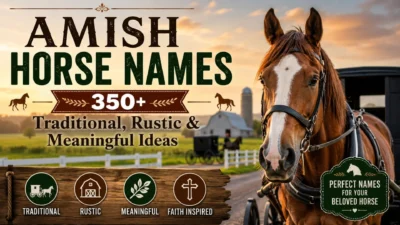 Amish horse names featured with a chestnut horse, Amish buggy, and rustic farm landscape at sunset