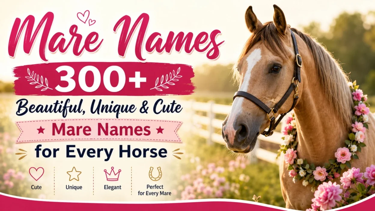 Beautiful mare in a flower garland with 300+ mare names for every horse including unique, cute, and elegant name ideas