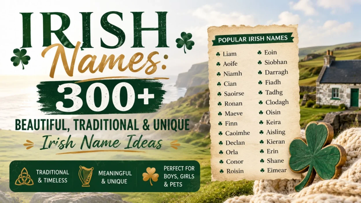 Irish names guide featuring 300+ beautiful, traditional, and unique Irish name ideas with a scenic Irish countryside background.