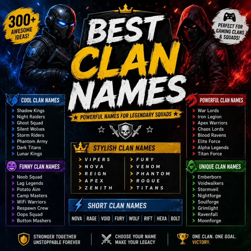 : Best clan names featuring cool, funny, powerful, unique, stylish, and short gaming clan name ideas