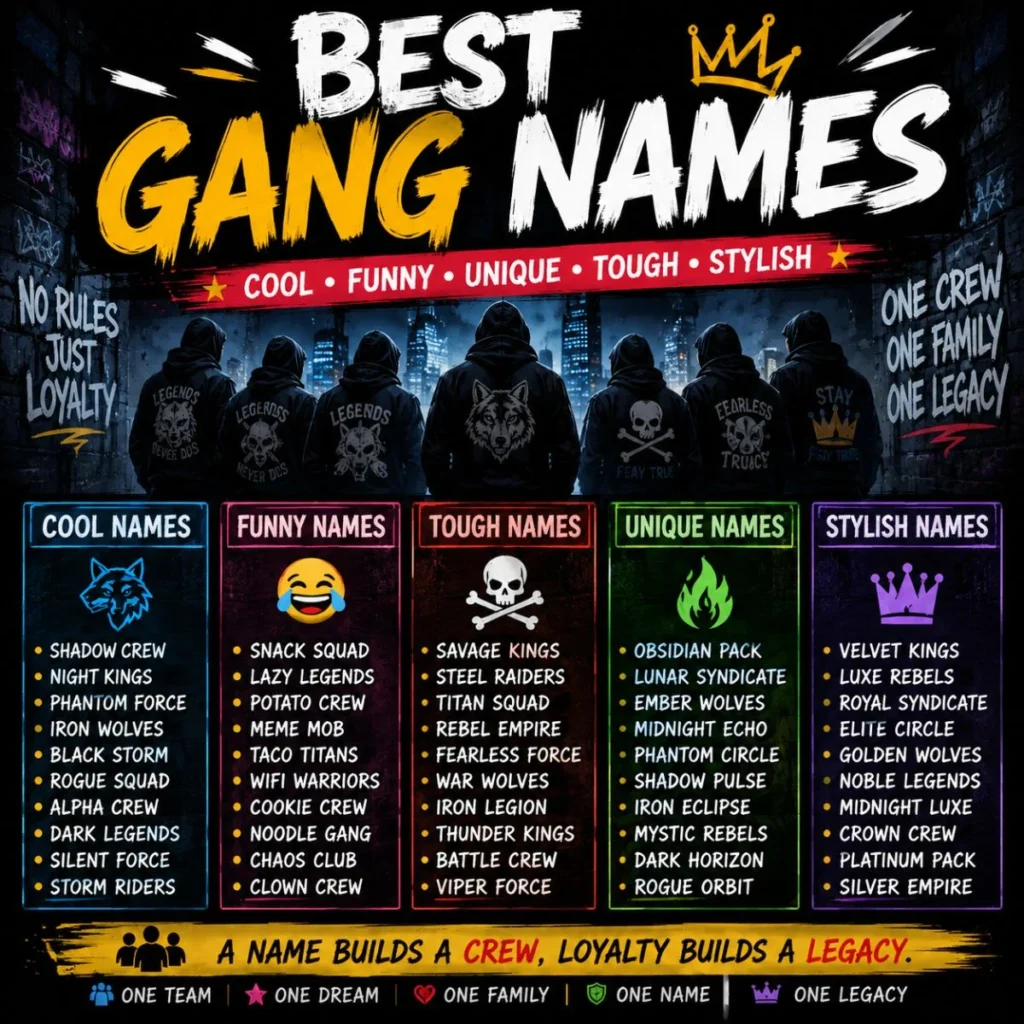 Best gang names featuring cool, funny, unique, tough, and stylish ideas for groups and crews