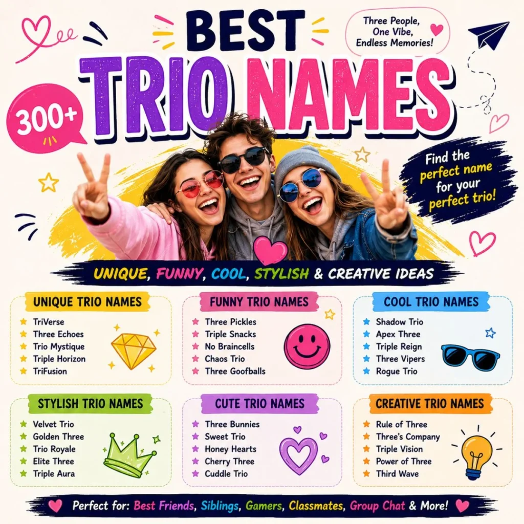 Best trio names featuring unique, funny, cool, stylish, cute, and creative ideas for groups