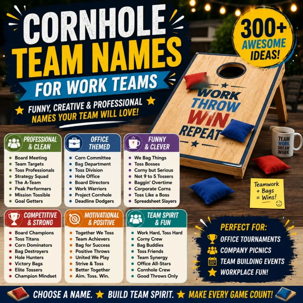 Cornhole team names for work teams featuring funny, creative, professional, and competitive ideas