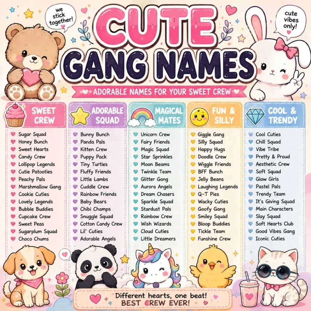 Cute gang names featuring sweet, adorable, magical, funny, and trendy ideas for friend groups