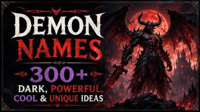 Dark demon lord with wings and sword featured in a graphic for 300+ demon names