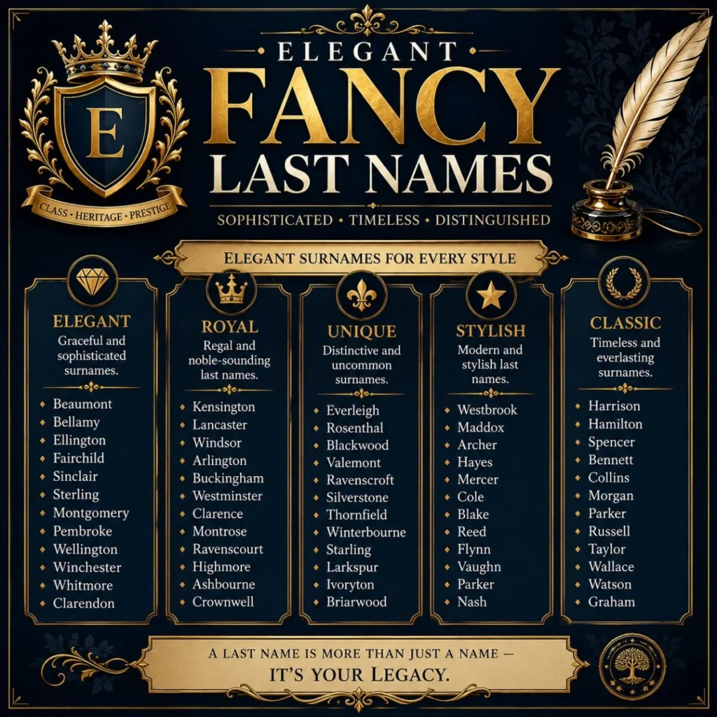 Elegant fancy last names featuring sophisticated, royal, unique, stylish, and classic surname ideas