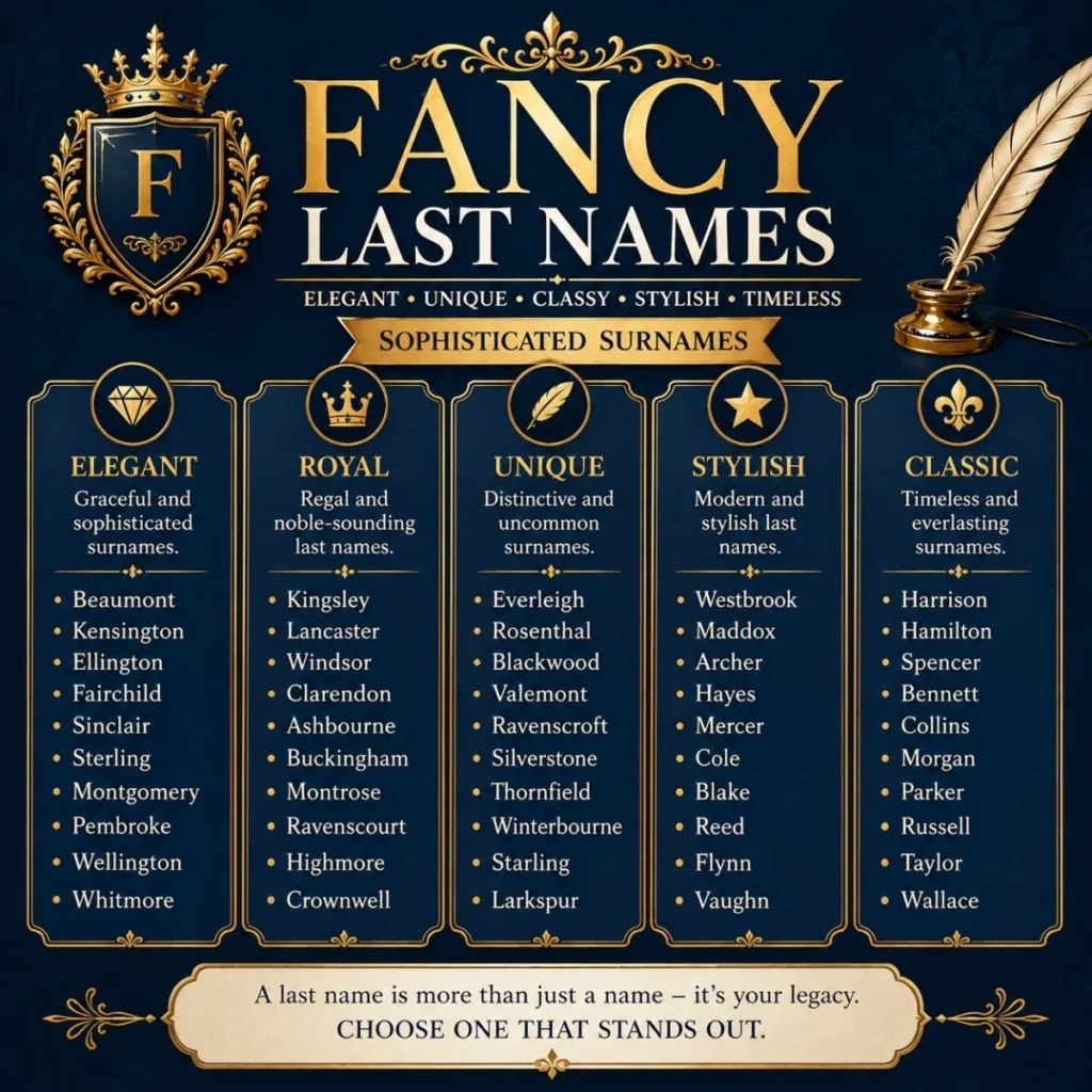 Fancy last names featuring elegant, royal, unique, stylish, and classic surname ideas