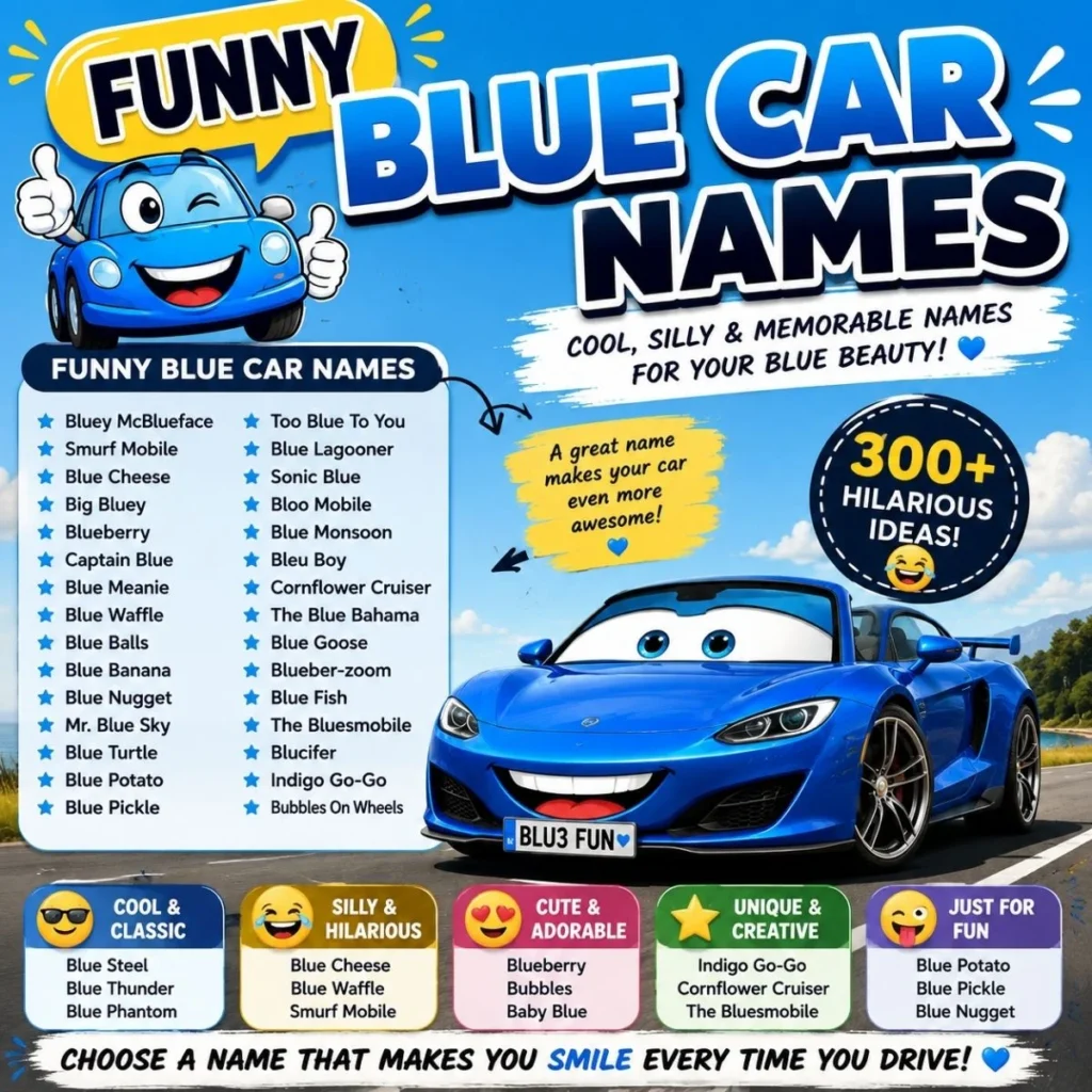 Funny blue car names featuring hilarious, silly, cool, cute, and unique name ideas