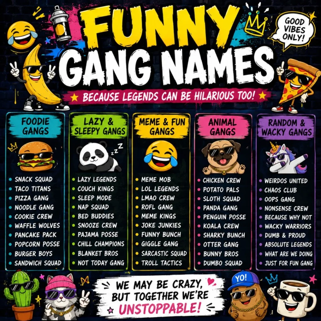 Funny gang names featuring foodie, meme, animal, lazy, random, and wacky ideas for groups