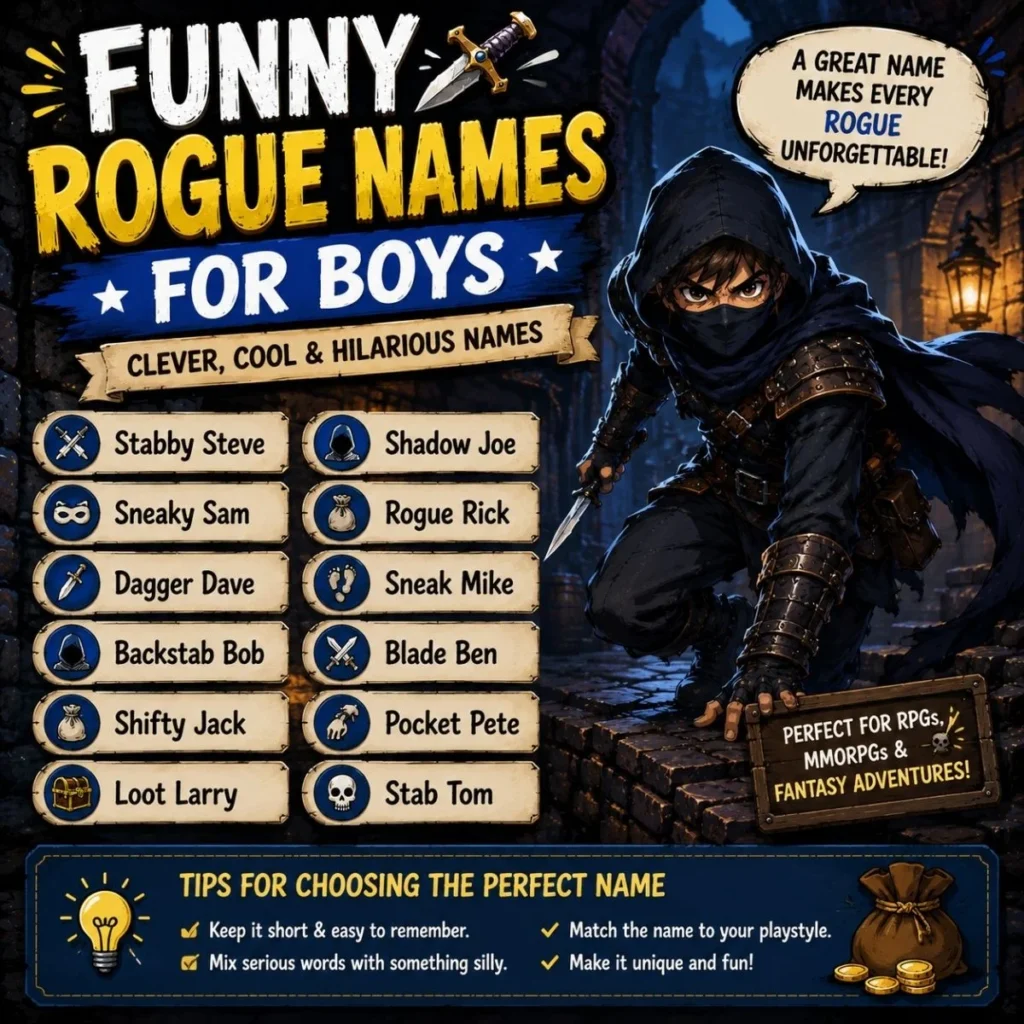 Funny rogue names for boys featuring clever, cool, and hilarious RPG character name ideas