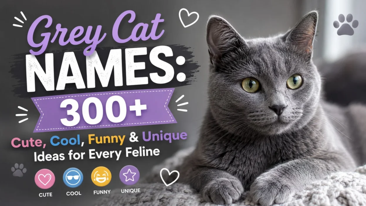 Grey cat with green eyes beside the title "300+ Grey Cat Names" featuring cute, cool, funny, and unique naming ideas