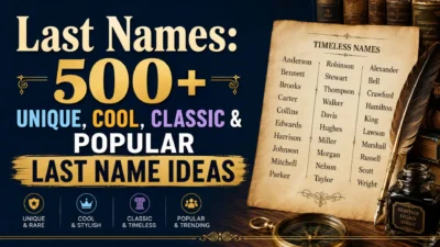 Last names collection featuring 500+ unique, cool, classic, and popular surname ideas on a vintage-themed illustrated guide