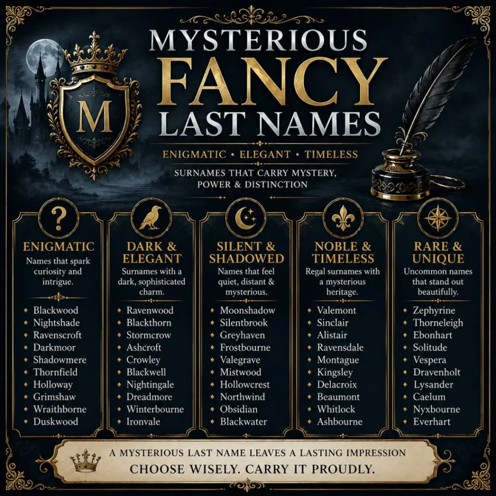 Mysterious fancy last names featuring dark, elegant, noble, rare, and unique surname ideas