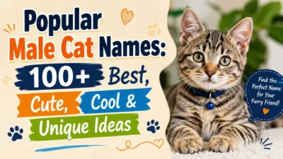 Popular male cat names with a cute tabby kitten and 100+ name ideas