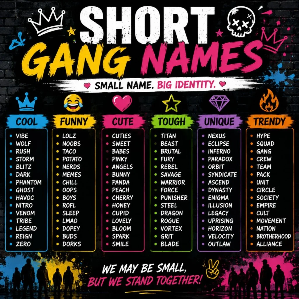 Short gang names featuring cool, funny, cute, tough, unique, and trendy ideas for groups