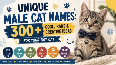 Cute tabby kitten with a bow tie beside colorful text showcasing 300+ unique male cat names for boy cats