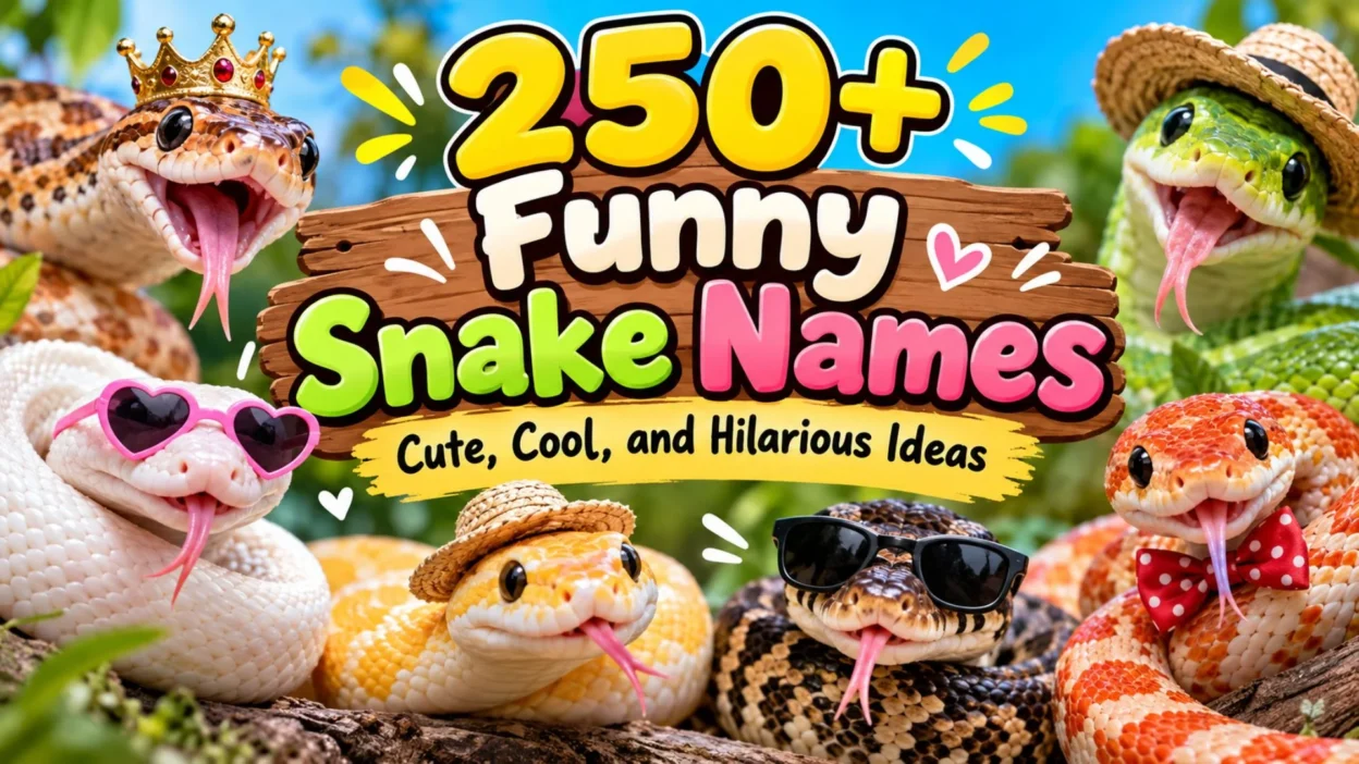 250+ funny snake names featuring cute, colorful cartoon snakes with funny accessories.