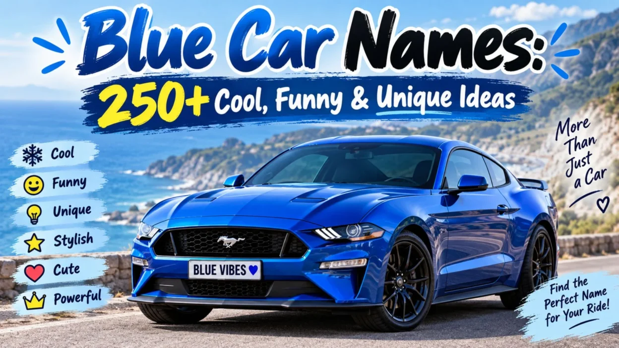 Blue sports car with 250+ cool, funny, and unique blue car name ideas