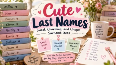 Cute last names ideas displayed on a charming desk with books, notes, flowers, and surname inspiration