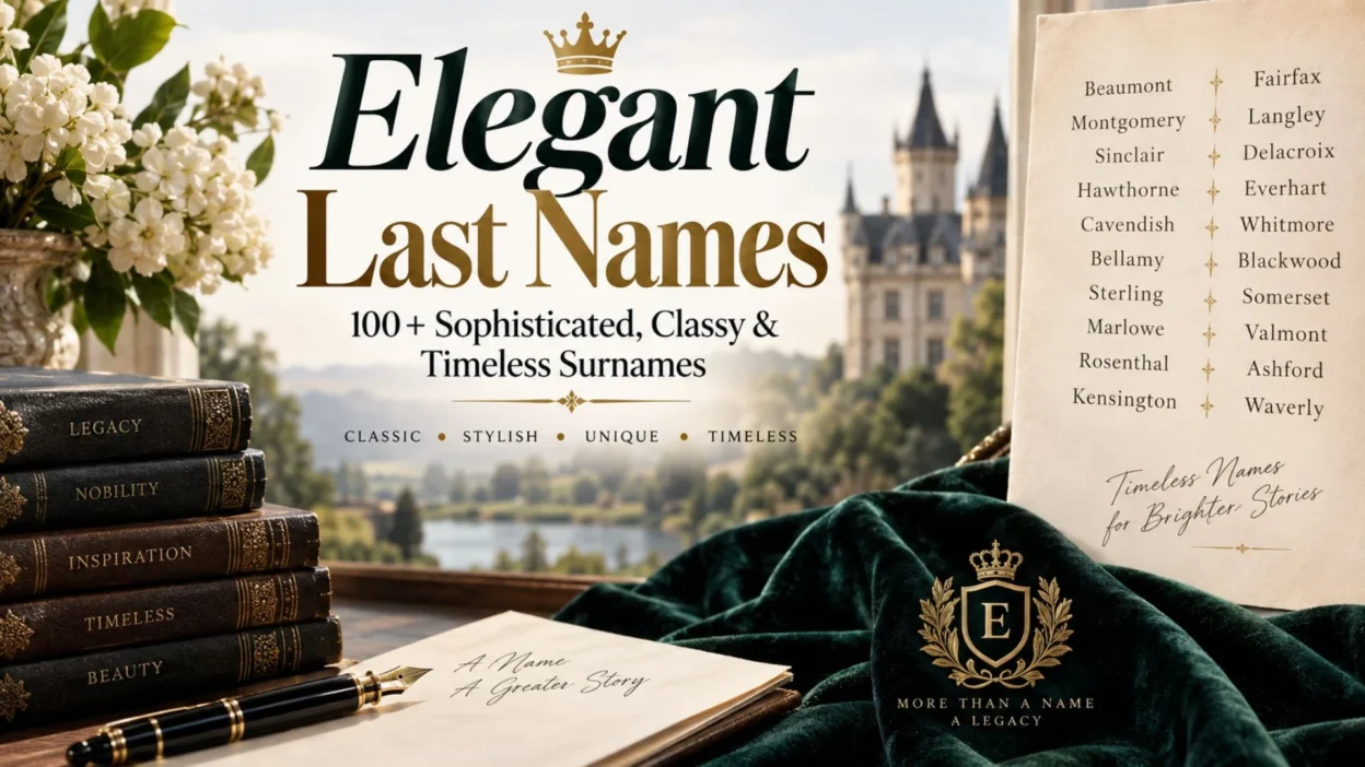 Elegant last names list featuring sophisticated, classy and timeless surnames in a luxurious vintage setting