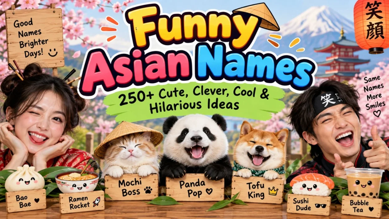 Funny Asian names with cute panda, sushi, ramen, mochi, and playful name ideas